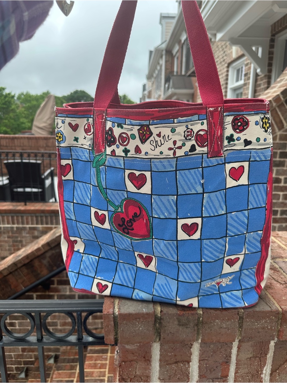 Brighton Blue Canvas Heart Tote with Red Accents NWOT
